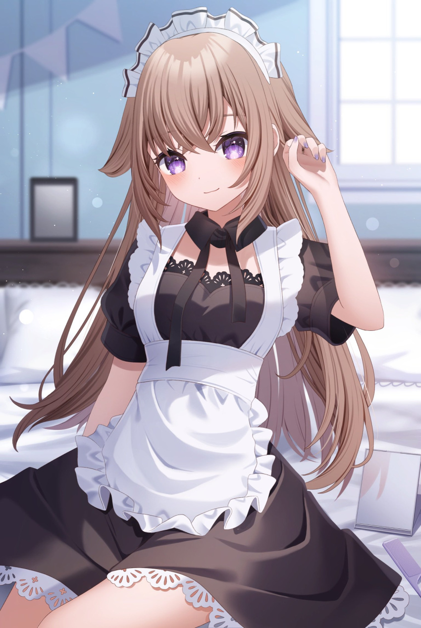 1girl apron bed black_dress blurry blurry_background blush breasts brown_hair closed_mouth comiket_103 depth_of_field dress eyebrows_hidden_by_hair frilled_apron frills hair_between_eyes hair_flaps hand_up highres indoors long_hair looking_at_viewer maid maid_headdress nail_polish original pillow puffy_short_sleeves puffy_sleeves purple_nails sapphire_(sapphire25252) short_sleeves sitting small_breasts smile solo very_long_hair violet_eyes white_apron window