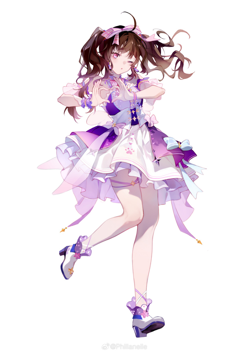 1girl ;o absurdres ahoge ankle_boots ankle_ribbon bare_legs blue_bow boots bow bowtie bracelet brown_hair corset detached_sleeves dress dress_bow earrings eoe floating_hair frilled_dress frills full_body hair_bow hands_up heart heart_hands high_heels highres idol idol_clothes jewelry layered_dress leg_ribbon leg_up long_hair looking_at_viewer official_art one_eye_closed paw_print phillanelle pink_bow pink_bowtie pink_eyes print_dress purple_dress purple_wrist_cuffs ribbon see-through see-through_sleeves short_dress short_sleeves single_wrist_cuff sleeveless sleeveless_dress solo standing standing_on_one_leg tachi-e thigh_strap twintails two-tone_dress virtual_youtuber wan'er_(eoe) weibo_logo weibo_username white_background white_corset white_dress white_footwear wrist_cuffs
