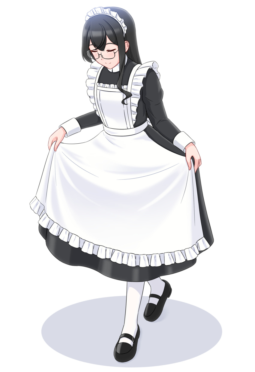1girl alternate_costume apron black-framed_eyewear black_dress black_footwear black_hair closed_eyes closed_mouth dress enmaided frilled_apron frills full_body geometrie glasses highres kantai_collection long_hair long_sleeves maid maid_headdress ooyodo_(kancolle) pantyhose shoes simple_background smile solo white_apron white_background white_pantyhose