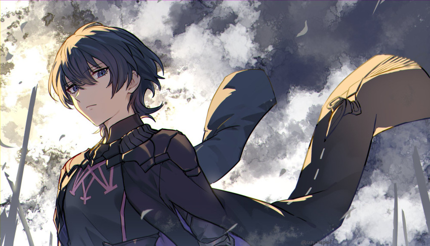 1boy armor black_armor black_cape blue_eyes blue_hair byleth_(fire_emblem) byleth_(male)_(fire_emblem) cape closed_mouth clouds commentary expressionless fire_emblem fire_emblem:_three_houses hair_between_eyes highres looking_at_viewer male_focus outdoors short_hair sky solo un_tapoi