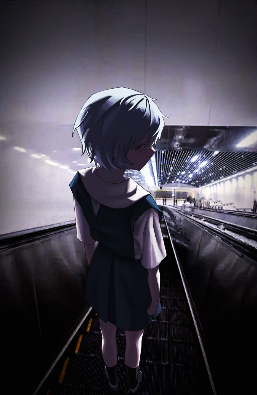 1girl absurdres arms_at_sides ayanami_rei black_socks blue_dress blue_hair dress escalator expressionless from_behind full_body highres indoors loafers looking_at_viewer looking_back neon_genesis_evangelion no_mouth photo_background pinafore_dress shirt shoes short_hair sleeveless sleeveless_dress socks solo standing tunnel weizhe37785 white_footwear white_shirt