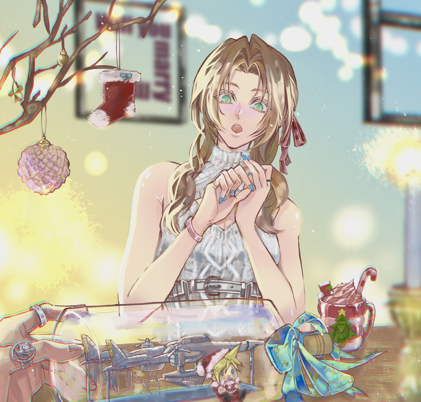 1boy 1girl aerith_gainsborough aerith_gainsborough_(fairy_of_snowfall) aqua_nails bare_shoulders blurry blurry_background breasts brown_hair candy candy_cane christmas christmas_stocking cloud_strife cup dress eni_(yoyogieni) fenrir_(final_fantasy) final_fantasy final_fantasy_vii final_fantasy_vii_ever_crisis final_fantasy_vii_remake food green_eyes hair_ribbon halter_dress halterneck hat highres highwind holding holding_jewelry holding_ring indoors jewelry long_hair looking_at_viewer medium_breasts merchandise multiple_rings nail_polish official_alternate_costume open_mouth own_hands_together parted_bangs red_ribbon ribbon ring santa_hat ship_in_a_bottle sidelocks sweater sweater_dress turtleneck turtleneck_sweater watch watch white_dress