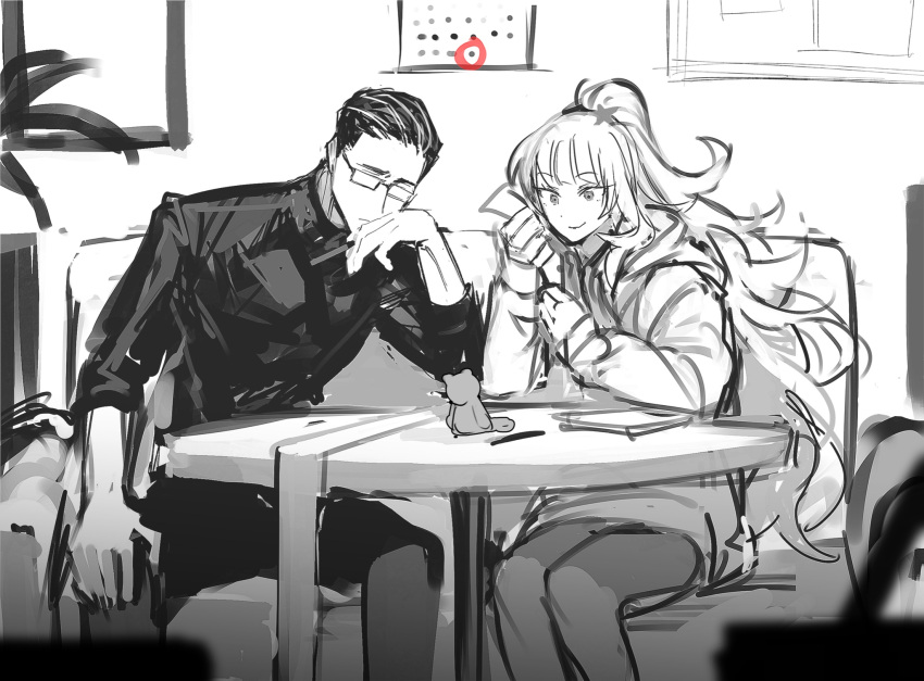1boy 1girl couch ezra_(project_moon) glasses hair_slicked_back high_ponytail highres hood hood_down hoodie indoors long_hair long_sleeves looking_down pantyhose project_moon remsrar shirt sitting sketch smile table the_distortion_detective very_long_hair vespa_crabro yuria_(project_moon)