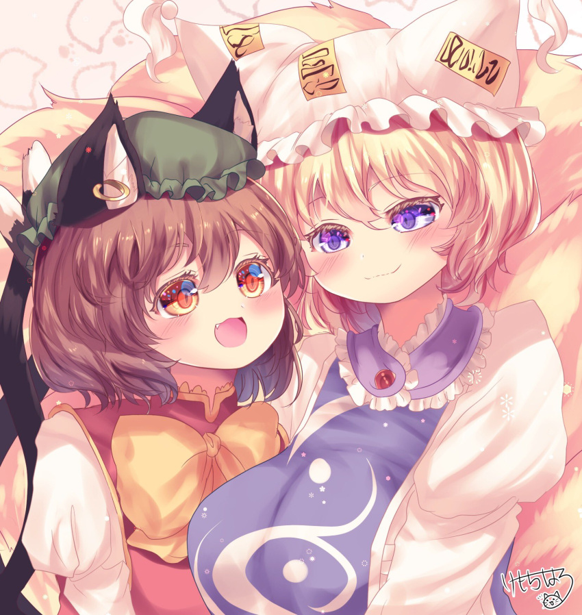 2girls :d animal_ear_piercing animal_ears blonde_hair blue_tabard blush bow bowtie breasts brown_eyes brown_hair cat_ears cat_tail chen closed_mouth commentary_request earrings fang fox_ears fox_tail frills gold_trim green_headwear hair_between_eyes happy hat highres huge_breasts jewelry juliet_sleeves kemo_chiharu long_sleeves looking_at_another mob_cap multiple_girls multiple_tails nekomata open_mouth puffy_sleeves red_vest short_hair signature simple_background single_earring smile tabard tail touhou two_tails upper_body vest violet_eyes white_headwear yakumo_ran yellow_bow yellow_bowtie