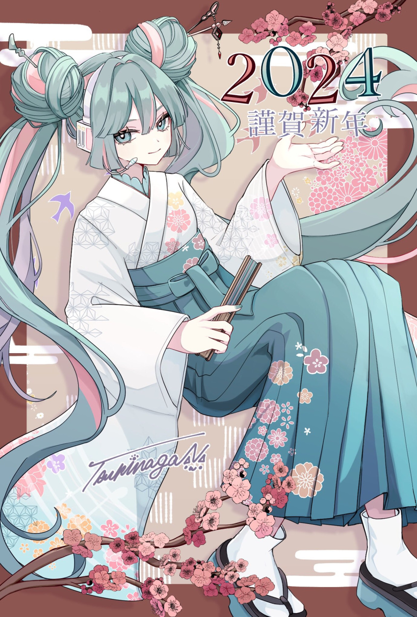 1girl 2024 blue_eyes blue_hair branch cherry_blossoms commentary_request double_bun egasumi folding_fan geta hair_bun hair_ornament hair_stick hakama hakama_skirt hand_fan hatsune_miku headphones headset highres holding holding_fan invisible_chair japanese_clothes kimono long_hair long_sleeves looking_at_viewer multicolored_hair naguno-0713 new_year pink_hair sitting skirt smile socks solo streaked_hair tabi translation_request twintails two-tone_hair very_long_hair vocaloid wide_sleeves