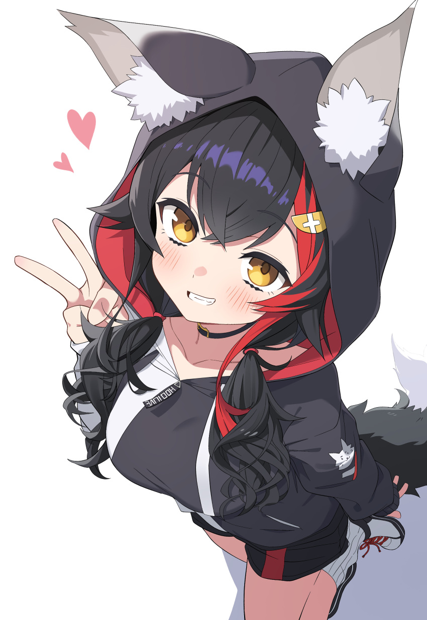 1girl absurdres animal_ear_fluff animal_ears black_hair black_hoodie black_shorts blush breasts flipped_hair hair_between_eyes hair_ornament hairclip heart highres hiroikara_(smhong04) hololive hood hoodie looking_at_viewer low_twintails multicolored_hair ookami_mio ookami_mio_(3rd_costume) open_mouth redhead shorts simple_background smile solo streaked_hair tail teeth twintails two-tone_hoodie v virtual_youtuber white_background wolf_ears wolf_girl wolf_tail yellow_eyes