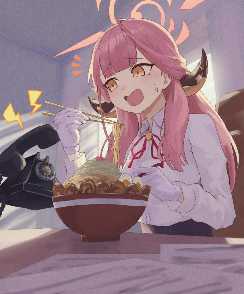 1girl aru_(blue_archive) blue_archive blush brown_horns chopsticks collared_shirt corded_phone demon_horns food gloves halo highres holding holding_chopsticks horns long_hair long_sleeves neck_ribbon noodles open_mouth phone pink_hair pink_halo ramen red_ribbon ribbon ryoha_kosako shirt solo white_gloves white_shirt yellow_eyes