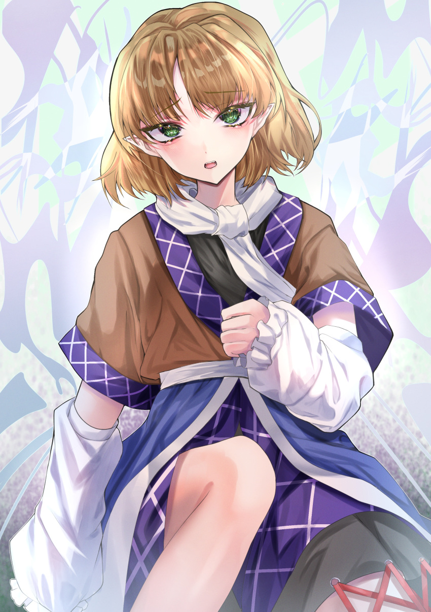 1girl abstract_background absurdres arm_warmers black_shirt blonde_hair blush brown_shirt commentary_request feet_out_of_frame flat_chest green_eyes highres knee_up looking_at_viewer medium_bangs mizuhashi_parsee nyarocks open_mouth pointy_ears raised_eyebrows sash scarf shirt short_hair short_sleeves solo touhou undershirt white_background white_sash white_scarf