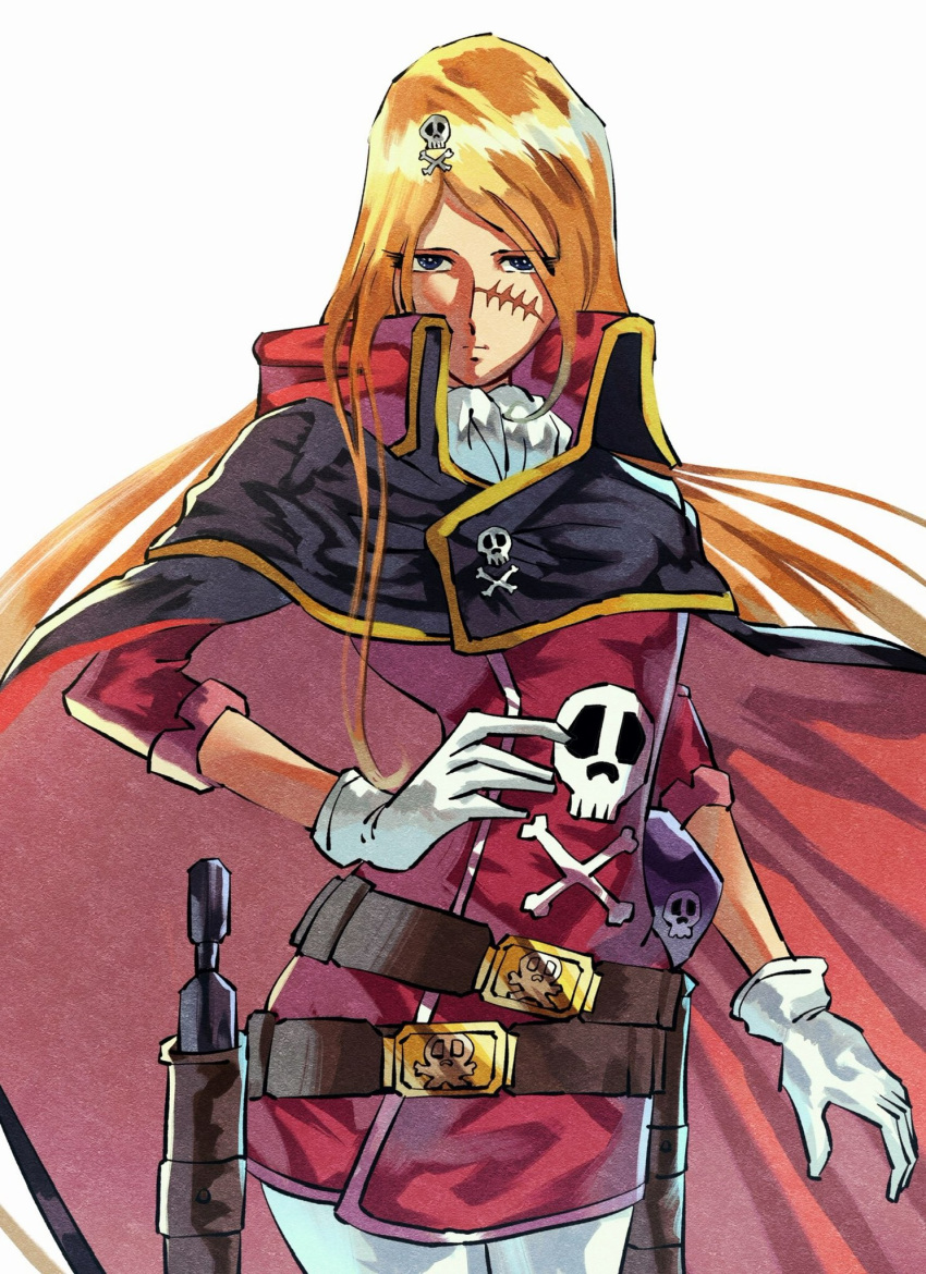 1girl black_cape blonde_hair cape cosmo_dragoon gloves gun hair_ornament hand_on_own_hip harlock_saga highres holster looking_at_viewer pants queen_emeraldas red_shirt scar scar_on_face shirt skull_and_crossbones skull_hair_ornament slllle1 solo thigh_holster uchuu_kaizoku_captain_harlock weapon white_background white_gloves white_pants