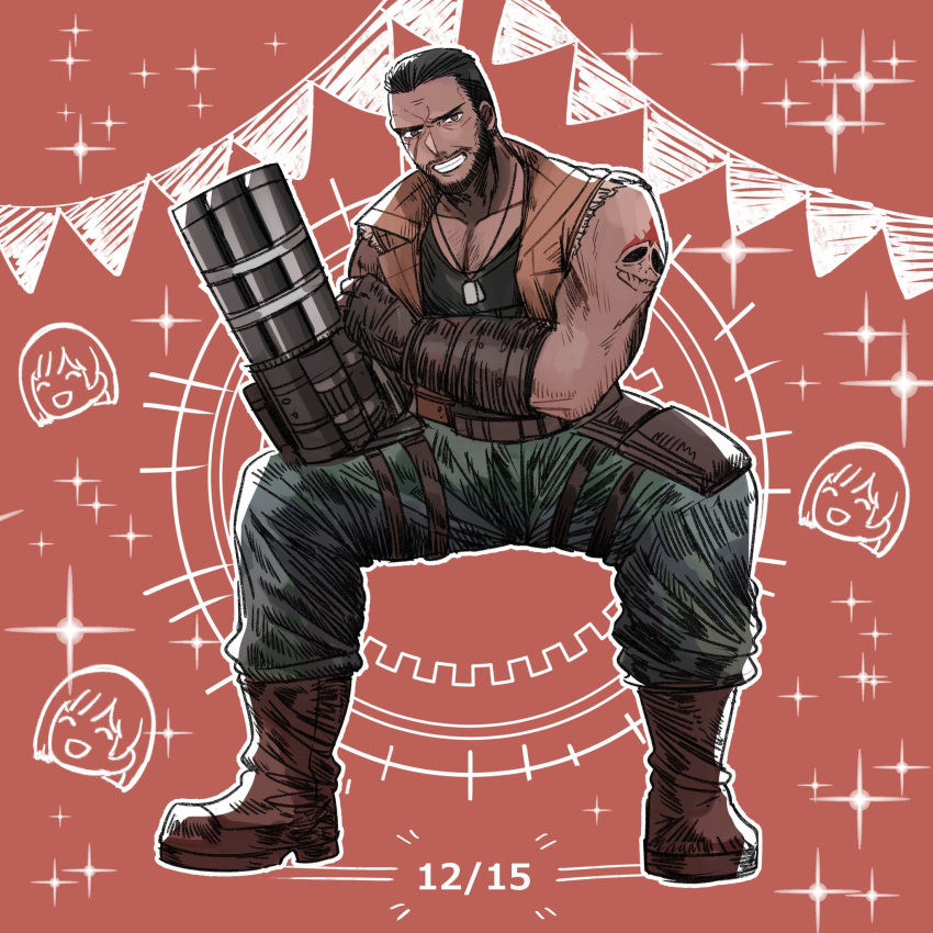 1boy barret_wallace beard black_hair black_shirt boots brown_background brown_footwear brown_vest dark-skinned_male dark_skin dated dog_tags facial_hair final_fantasy final_fantasy_vii final_fantasy_vii_remake fingerless_gloves gloves green_pants grin happy_birthday highres male_focus marlene_wallace muscular muscular_male nnnmmg0725 pants pectorals prosthetic_weapon shirt short_hair shoulder_tattoo smile solo sparkle squatting tank_top tattoo teeth thigh_strap very_short_hair vest