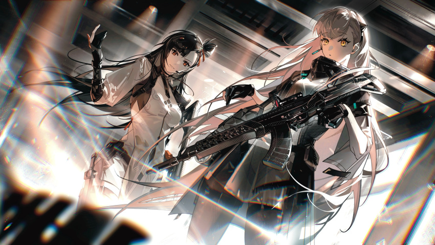 2girls absurdres ak-alfa ak-alfa_(girls'_frontline) assault_rifle black_gloves black_hair breasts chinese_clothes cowboy_shot earpiece earrings girls'_frontline_2:_exilium girls_frontline gloves grey_hair gun hair_ornament highres holding holding_gun holding_weapon jewelry long_hair looking_at_viewer multiple_girls orange_eyes parted_lips partially_fingerless_gloves qbz-191 qbz-191_(girls'_frontline) rifle single_earring weapon weibo_1965277151