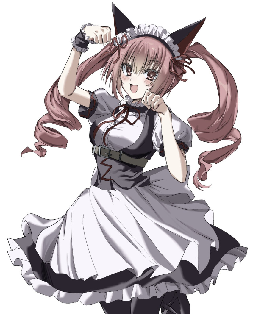 1girl :d akiha_rumiho animal_ears apron arm_up black_pantyhose black_skirt black_vest blush bright_pupils cat_ears drill_hair fake_animal_ears frilled_skirt frills grey_background hair_between_eyes hair_ribbon hand_up happy highres long_hair looking_at_viewer maid maid_headdress open_mouth pantyhose paw_pose pink_eyes pink_hair puffy_short_sleeves puffy_sleeves red_ribbon ribbon shirt short_sleeves simple_background skirt smile solo steins;gate twin_drills twintails unkogakatasugi vest waist_apron white_apron white_pupils white_shirt