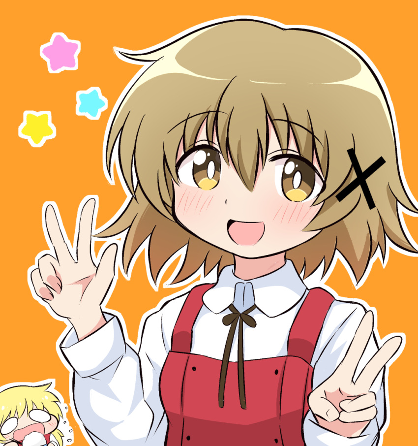 2girls :d black_ribbon blonde_hair blush brown_eyes brown_hair chibi chibi_inset collared_shirt commentary_request dress hair_between_eyes hair_ornament hands_up happy hidamari_sketch long_sleeves looking_at_viewer medium_hair miyako_(hidamari_sketch) multiple_girls neck_ribbon open_mouth orange_background outline pinafore_dress red_dress ribbon school_uniform shirt simple_background sleeveless sleeveless_dress smile solo_focus split_mouth star_(symbol) upper_body v w white_outline white_shirt x_hair_ornament yamabuki_high_school_uniform yuno_(hidamari_sketch) yuu_kurema