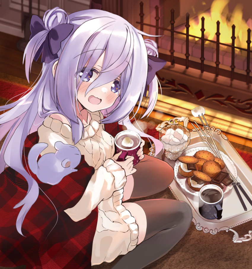 1girl amamiya_shizuku_(hizuki_yayoi) animal aran_sweater blush bow breasts brown_pantyhose cable_knit chinchilla_(animal) commentary_request cookie cup double_bun dress fire fireplace food hair_bow hair_bun highres hizuki_yayoi holding holding_cup indoors long_hair long_sleeves looking_at_viewer looking_to_the_side marshmallow mug on_floor open_mouth original pantyhose purple_bow purple_hair sitting sleeves_past_wrists small_breasts solo sweater sweater_dress tray two_side_up very_long_hair violet_eyes wariza white_sweater