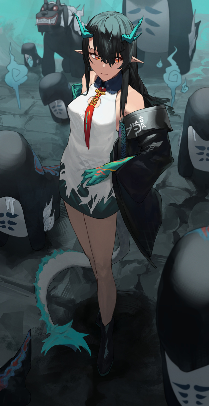 1girl absurdres arknights arm_tattoo bare_shoulders bitey_(arknights) black_footwear black_hair boots breasts cleavage_cutout clothing_cutout colored_skin dragon_girl dragon_horns dragon_tail dress dusk_(arknights) full_body green_skin hair_between_eyes highres horns long_hair mkrk_mikaerukung monster necktie off_shoulder pointy_ears red_eyes red_necktie sidelocks sleeveless sleeveless_dress small_breasts smarty_(arknights) smile solo standing tail tattoo