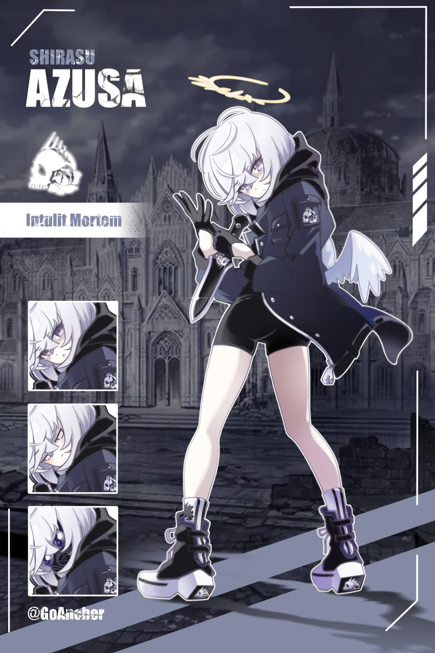 1girl angel_wings arius_squad_(blue_archive) azusa_(blue_archive) black_coat black_gloves black_shorts blue_archive character_name child coat crescent_halo crossed_bangs feathered_wings gloves goanchor hair_between_eyes halo head_tilt highres hood knife latin_commentary latin_text looking_at_viewer low_wings short_hair shorts solo techwear twitter_username violet_eyes white_hair white_wings wings yellow_halo