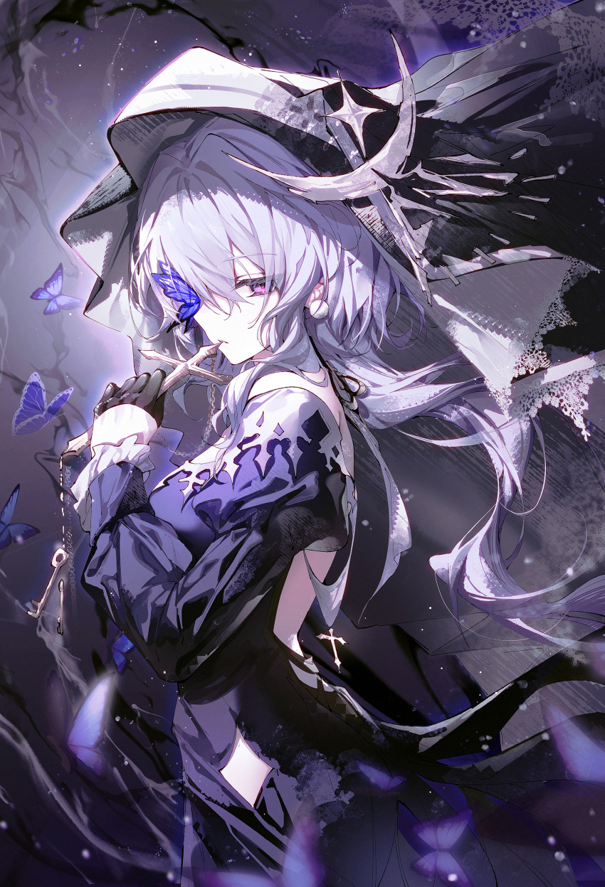 1girl absurdres arknights black_gloves blue_butterfly bug butterfly butterfly_over_eye cowboy_shot cross dress gloves hair_between_eyes half_gloves hand_up highres holding holding_cross long_hair long_sleeves nun official_alternate_costume purple_dress purple_hair shiro_kanae solo violet_eyes whisperain_(arknights) whisperain_(priory_of_abyss)_(arknights)