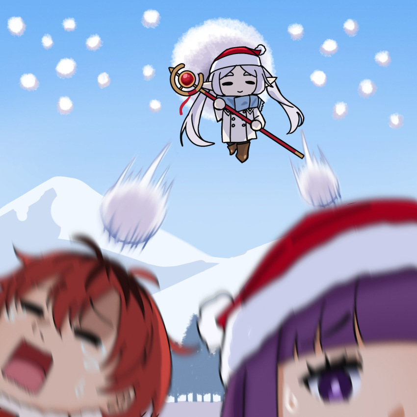 1boy 2girls blue_scarf blurry blurry_foreground brown_footwear chibi closed_eyes closed_mouth coat commentary crying elf english_commentary fern_(sousou_no_frieren) floating frieren fur-trimmed_headwear fur_trim grey_hair hat highres holding holding_staff long_hair mage_staff motion_blur mountain multicolored_hair multiple_girls open_mouth outdoors pointy_ears purple_hair purple_pupils raised_eyebrow red_headwear redhead santa_hat scarf shura_(shura_cs) snowball sousou_no_frieren staff stark_(sousou_no_frieren) sweatdrop tears twintails two-tone_hair very_long_hair violet_eyes white_coat winter_clothes