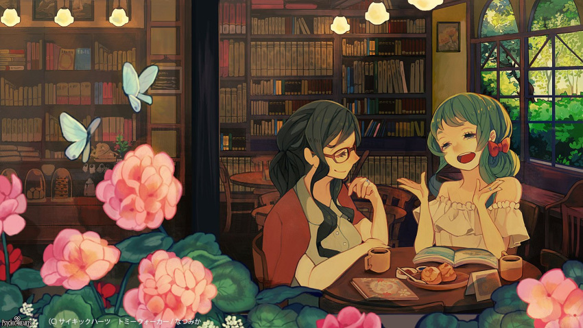 2girls aqua_hair artist_name bare_shoulders black_hair blue_butterfly blue_eyes book bookshelf bow bug bush butterfly buttons closed_eyes closed_mouth collared_shirt copyright_name cream_puff cup elbows_on_table eyelashes flower food frilled_shirt frilled_sleeves frills glasses grey_shirt hair_bow hair_over_shoulder half-closed_eyes implied_yuri indoors jacket jacket_on_shoulders jewelry long_hair looking_at_another mug multiple_girls natsumika off-shoulder_shirt off_shoulder official_art open_book open_mouth painting_(object) photo_(object) pink_flower psychic_hearts red-framed_eyewear red_bow red_jacket ring shirt short_sleeves sidelocks smile spoon table talking teeth tree upper_body upper_teeth_only wavy_hair white_shirt white_sleeves