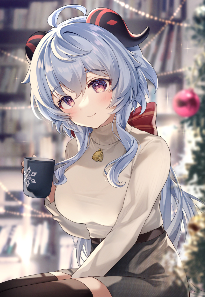ahoge arm_between_legs bell black_thighhighs blue_hair blurry blurry_background bow bra_visible_through_clothes bralines breasts casual christmas closed_mouth contemporary cup ganyu_(genshin_impact) genshin_impact gyozanuko hair_bow high-waist_skirt highres horns jewelry long_hair long_sleeves looking_at_viewer medium_breasts miniskirt mug necklace pencil_skirt sidelocks sitting skirt smile sweater taut_sweater thigh-highs turtleneck turtleneck_sweater violet_eyes zettai_ryouiki