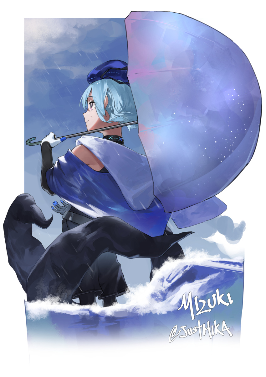 1boy absurdres arknights black_collar black_gloves black_pantyhose black_shorts blue_hair blue_headwear blue_jacket border character_name clouds cloudy_sky collar elbow_gloves from_behind gloves highres holding holding_umbrella infection_monitor_(arknights) jacket male_focus mizuki_(arknights) mkrk_mikaerukung otoko_no_ko outdoors outside_border pantyhose pantyhose_under_shorts rain shorts sky solo tentacles twitter_username two-tone_gloves umbrella wading water white_border white_gloves
