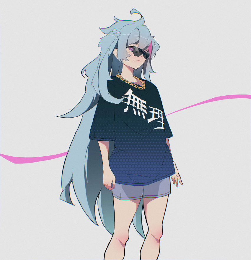 1girl black_shirt chain_necklace closed_mouth deal_with_it_(meme) feet_out_of_frame girls'_frontline_neural_cloud gradient_shirt grey_background grey_hair grey_shorts hair_bobbles hair_ornament highres jewelry kuro_(neural_cloud) long_hair looking_at_viewer meme multicolored_hair necklace pink_eyes pink_hair postalworks shirt shorts simple_background smile solo standing streaked_hair