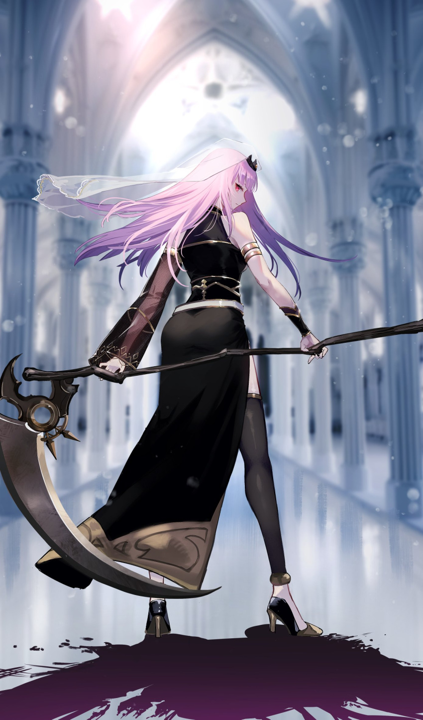 1girl black_dress black_nails black_thighhighs blurry blurry_background detached_sleeves dress from_behind high_heels highres holding holding_scythe hololive hololive_english itoyoshi_ryouichi long_hair mori_calliope mori_calliope_(1st_costume) pink_eyes pink_hair scythe single_detached_sleeve thigh-highs tiara veil virtual_youtuber