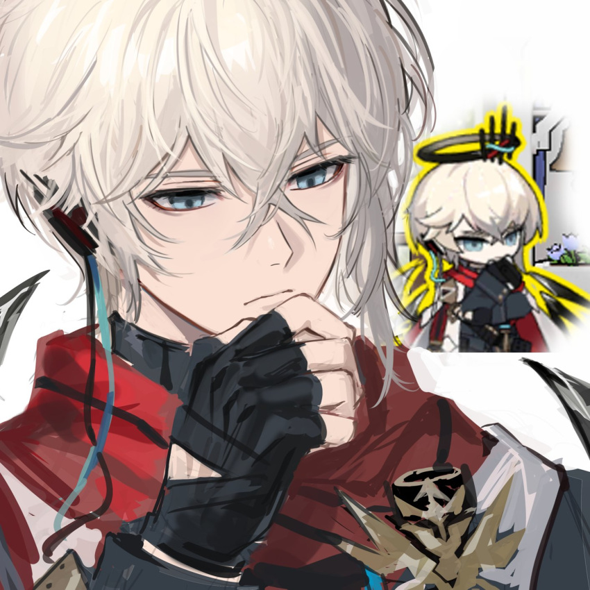 1boy arknights black_gloves black_halo blue_eyes chibi chibi_inset cloak closed_mouth crossed_bangs dark_halo earpiece executor_(arknights) executor_the_ex_foedere_(arknights) eyeliner fingerless_gloves fractalmagnolia game_screenshot_inset gloves hair_between_eyes halo hand_on_own_chin hand_up highres inset makeup male_focus mechanical_halo mechanical_wings portrait red_cloak red_eyeliner reference_inset short_hair simple_background solo thinking white_background white_cloak white_hair wings