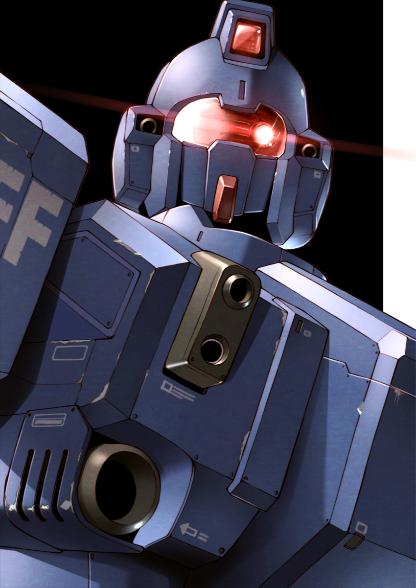 assault_visor blue_destiny_01 commentary_request earth_federation eye_trail glowing glowing_eyes gundam gundam_side_story:_the_blue_destiny highres light_trail mecha mobile_suit no_humans red_eyes robot science_fiction solo takahashi_masaki upper_body