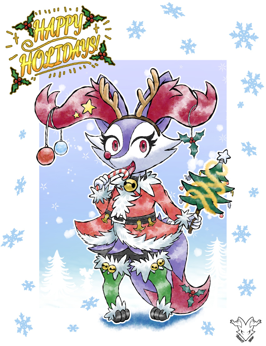 1girl absurdres alternate_color animal_ear_fluff animal_ears animal_feet animal_nose artist_name bell belt black_fur blue_background body_fur border braixen brown_hairband candy candy_cane christmas_ornaments christmas_tree collar commentary_request dress eating english_commentary english_text fake_antlers fangs flat_chest food fox_ears fox_girl fox_tail full_body fur-trimmed_dress fur-trimmed_thighhighs fur_trim furry furry_female green_thighhighs hairband happy happy_holidays highres holding holding_candy holding_candy_cane holding_food holly jingle_bell licking looking_to_the_side mixed-language_commentary multicolored_fur neck_bell open_mouth outline outside_border partial_commentary pigeon-toed pokemon pokemon_(creature) purple_fur red_dress red_eyes shiny_pokemon short_dress smile snout snowflakes solo standing star_(symbol) tail tail_ornament thigh-highs toeless_legwear tongue tongue_out volatile_vixen watermark white_border white_fur white_outline wide-eyed