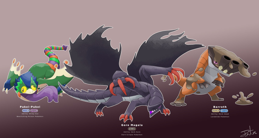 absurdres artist_name barroth blue_fur claws closed_mouth colored_tongue creature digitigrade dragon english_text fakemon forked_tongue full_body googly_eyes gore_magala gugenheim98 highres monster monster_hunter_(series) mud multicolored_tail no_eyes no_humans open_mouth pink_eyes pokemon pokemon_(creature) pukei-pukei purple_tongue scales simple_background tail teeth tongue tongue_out torn_wings wings wyvern yellow_background