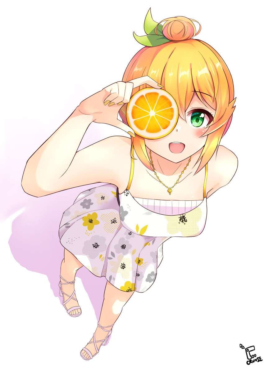 1girl :d alternate_costume alternate_hairstyle arm_at_side bare_shoulders blush commentary dress drop_shadow food foreshortening from_above fruit green_eyes hair_between_eyes hair_bun hair_ornament hand_up highres hinatsuki_mikan holding holding_food holding_fruit leaf_hair_ornament looking_at_viewer machikado_mazoku mandarin_orange nail_polish open_mouth orange_(fruit) orange_hair orange_slice round_teeth sandals signature simple_background single_hair_bun sleeveless sleeveless_dress smile solo standing sundress symbol-only_commentary teeth upper_teeth_only user_zmhd3373 white_background yellow_nails