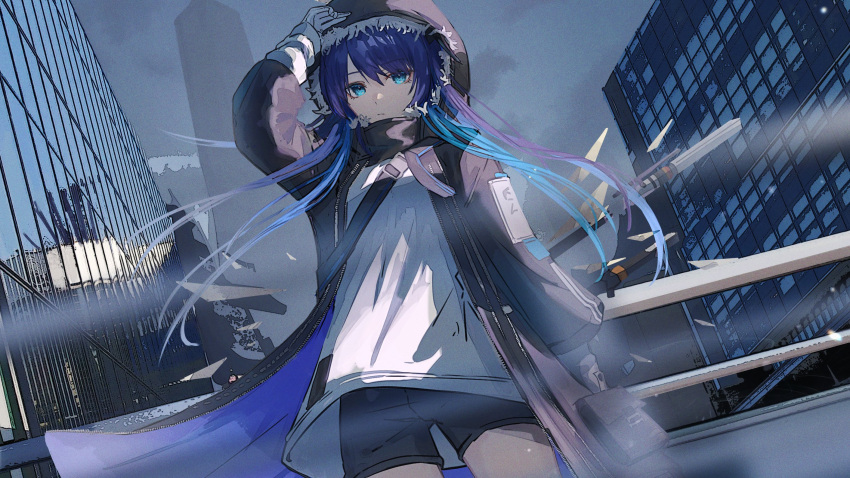 1girl aqua_eyes arknights arm_up bandana bandana_around_neck belt black_bandana black_belt black_coat black_hood black_horns black_pouch black_shorts blue_hair breasts buckle building city cityscape closed_mouth clouds coat commentary cowboy_shot day demon_horns detached_wings dutch_angle energy_wings expressionless eyelashes eyeliner fallen_angel film_grain floating_clothes floating_hair fog from_below full-length_zipper fur-trimmed_coat fur-trimmed_hood fur_trim gloves grab_pigeon grey_sky grey_wings hair_between_eyes highres holding_hood hood hood_up hooded_coat horns layered_sleeves long_hair long_sleeves looking_at_viewer looking_down makeup mostima_(arknights) open_clothes open_coat outdoors pocket pouch red_eyeliner reflection shirt short_shorts shorts shoulder_belt sky skyscraper snap-fit_buckle solo staff standing two-sided_coat two-sided_fabric untucked_shirt urban very_long_hair white_gloves white_shirt wide_sleeves window wings zipper
