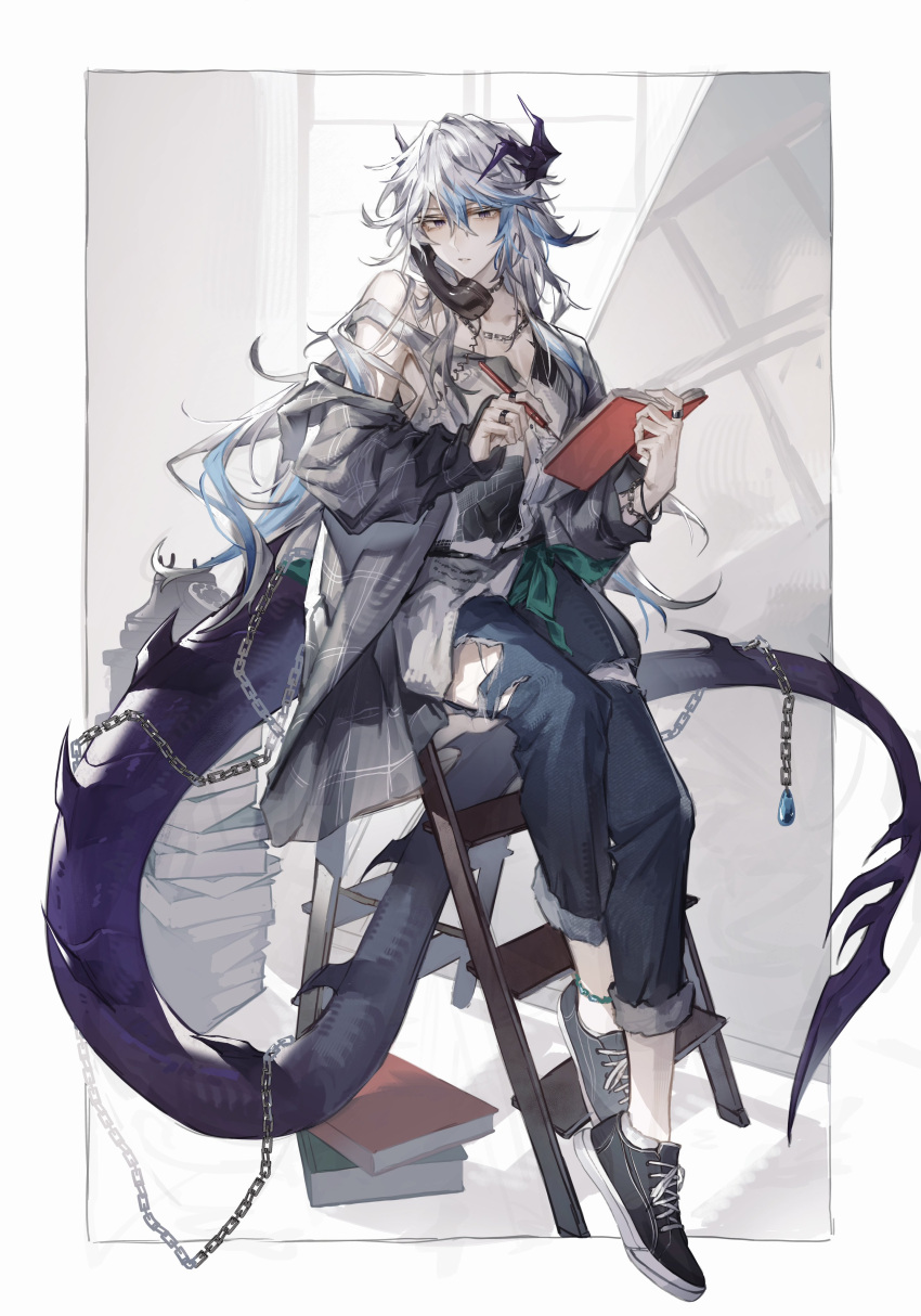 1boy absurdres arknights black_footwear blue_hair book book_stack chain chain_necklace crossed_bangs dragon_boy dragon_horns dragon_tail full_body gradient_hair grey_shirt hair_between_eyes highres holding holding_notebook holding_pen horns indoors jewelry ladder light_blue_hair looking_at_viewer male_focus messy_hair multicolored_hair multiple_rings necklace notebook official_alternate_costume on_ladder parted_lips pen phone puzzle_(amidst_the_pieces)_(arknights) puzzle_(arknights) ring shirt shoes sitting solo stepladder streaked_hair tail takano_jiyuu two-tone_hair violet_eyes white_hair writing