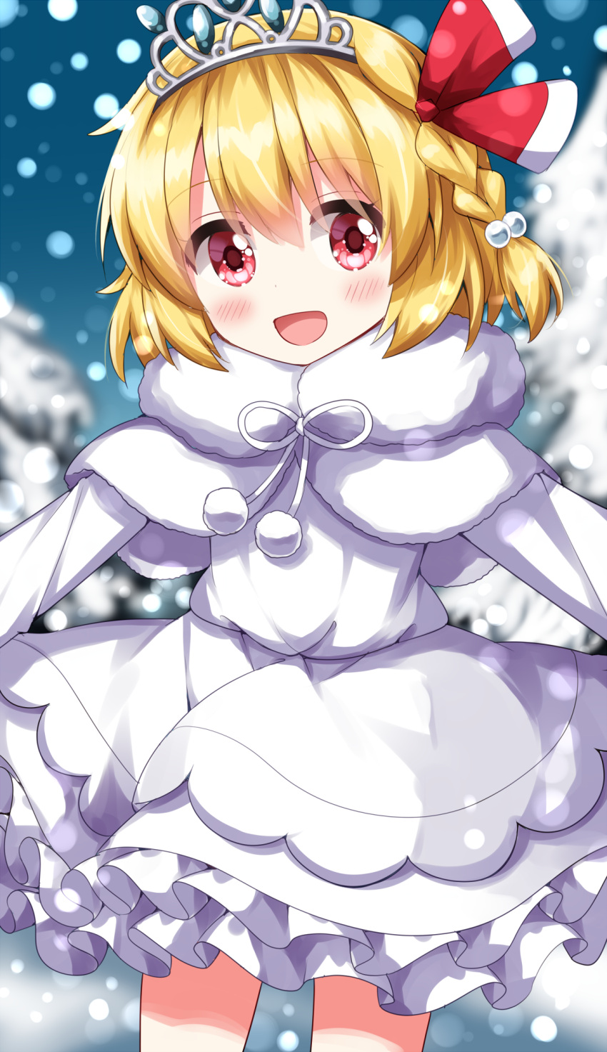 1girl :d alternate_costume blonde_hair blurry blurry_background braid commentary_request dress fur_trim hair_ribbon highres looking_at_viewer open_mouth outdoors red_eyes red_ribbon ribbon rumia rumia_(between_white_light_and_black_night) ruu_(tksymkw) short_hair side_braid single_braid smile snow solo tiara touhou touhou_lost_word white_dress