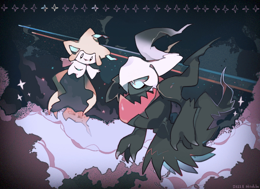2others :3 above_clouds akadako artist_name bags_under_eyes black_eyes black_sclera black_skin blue_eyes blue_sclera clouds colored_sclera colored_skin commentary darkrai dated eye_contact floating full_body happy jirachi latias latios light_trail long_hair looking_at_another multiple_others night open_mouth other_focus outdoors pokemon pokemon_(creature) signature smile sparkle star_(symbol) third_eye white_eyes white_hair white_skin