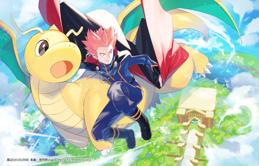 1boy black_cape black_eyes black_footwear blue_jacket blue_pants boots building cape closed_mouth day dragonite floating_cape jacket kusuribe lance_(pokemon) long_sleeves male_focus mixed-language_commentary outdoors pants pink_hair pokemon pokemon_hgss short_hair spiky_hair stairs water watermark