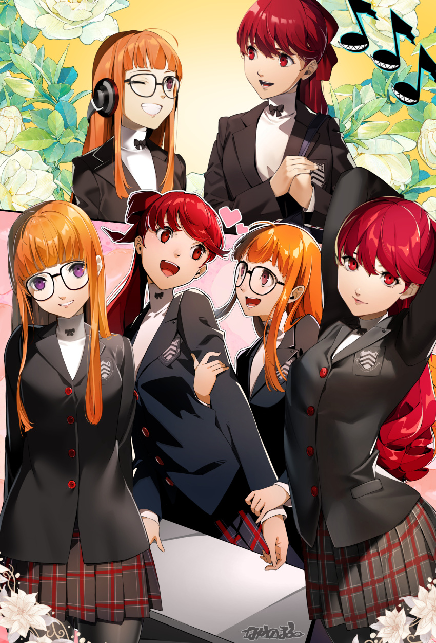 2girls absurdres arms_behind_head commission desk flower glasses heart highres looking_at_viewer multiple_girls multiple_views musical_note nakano_maru persona persona_5 persona_5_the_royal ponytail sakura_futaba school_uniform skeb_commission skirt thigh-highs yoshizawa_kasumi