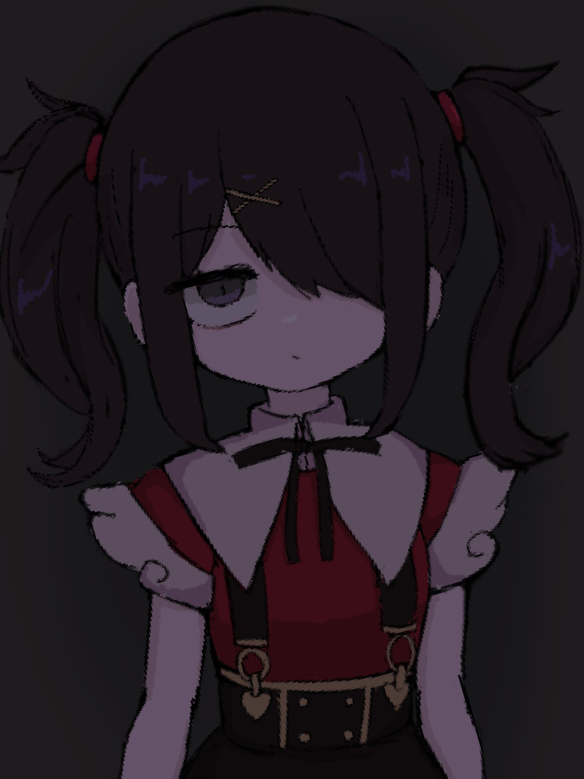 1girl ame-chan_(needy_girl_overdose) amefurashi_(ungen1234) arms_at_sides black_eyes black_hair black_ribbon black_skirt closed_mouth collared_shirt commentary expressionless grey_background hair_ornament hair_over_one_eye hair_tie highres jaggy_lines long_hair looking_at_viewer neck_ribbon needy_girl_overdose red_shirt ribbon shirt shirt_tucked_in skirt solo suspender_skirt suspenders symbol-only_commentary twintails upper_body x_hair_ornament
