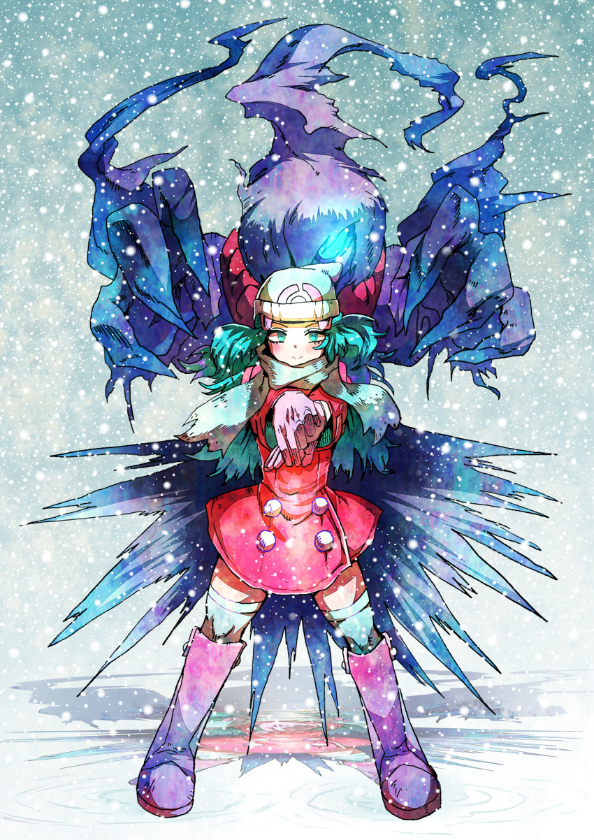 1girl absurdres alternate_hair_color beanie blue_eyes blue_hair boots closed_mouth coat darkrai full_body gloves hair_ornament hat highres hikari_(pokemon) knee_boots legs_apart light_blue_hair long_hair long_sleeves looking_at_viewer matomero outstretched_arms pink_footwear pink_gloves pokemon pokemon_(creature) pokemon_dppt pokemon_platinum red_coat reflection ripples scarf smile snow snowing split_mouth standing thigh-highs white_headwear white_scarf white_thighhighs