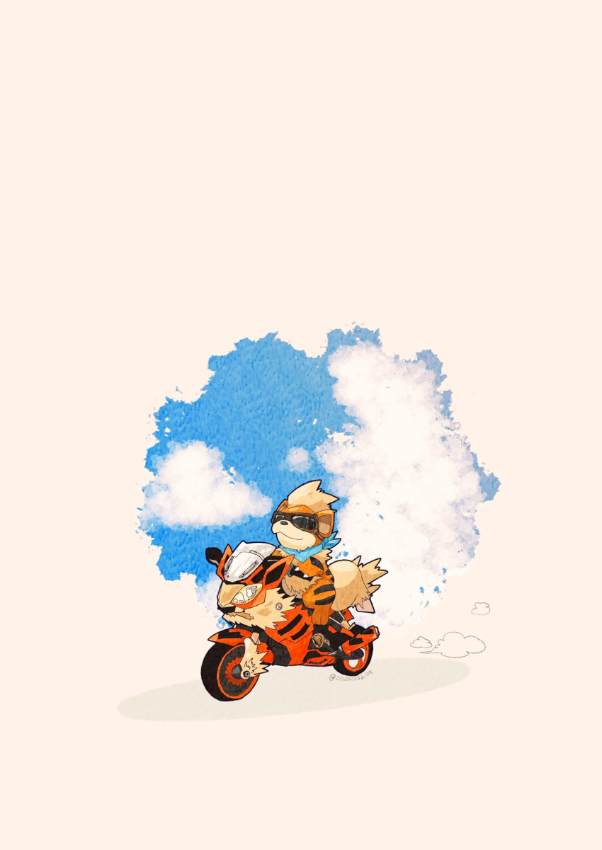 animal_focus bicycle blue_scarf blue_sky clouds commentary growlithe highres motor_vehicle motorcycle no_humans orange_fur pokemon pokemon_(creature) riding riding_bicycle scarf simple_background sky solo sunglasses symbol-only_commentary tail white_background zozozoshion