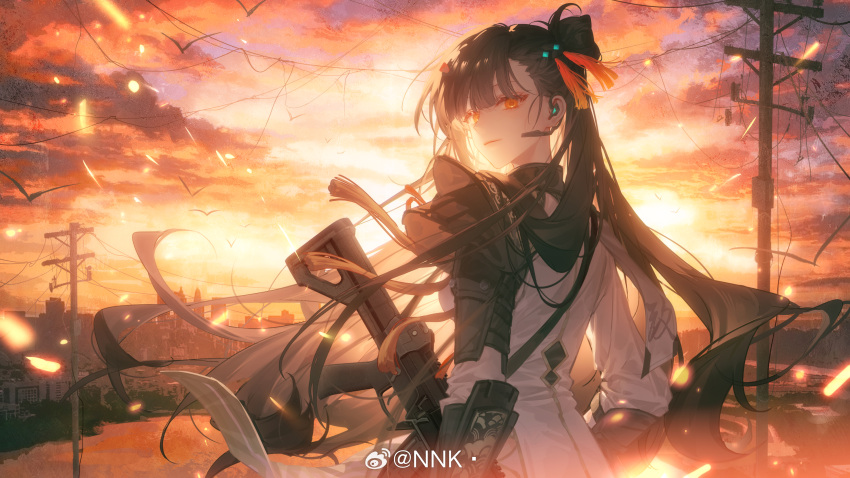1girl absurdres armor assault_rifle bird black_hair cityscape clouds cloudy_sky earpiece floating_hair girls'_frontline_2:_exilium girls_frontline gun hair_ornament highres long_hair looking_at_viewer looking_back orange_eyes qbz-191 rifle shoulder_armor simple_bird sky solo upper_body utility_pole weapon weibo_1765307475 weibo_username