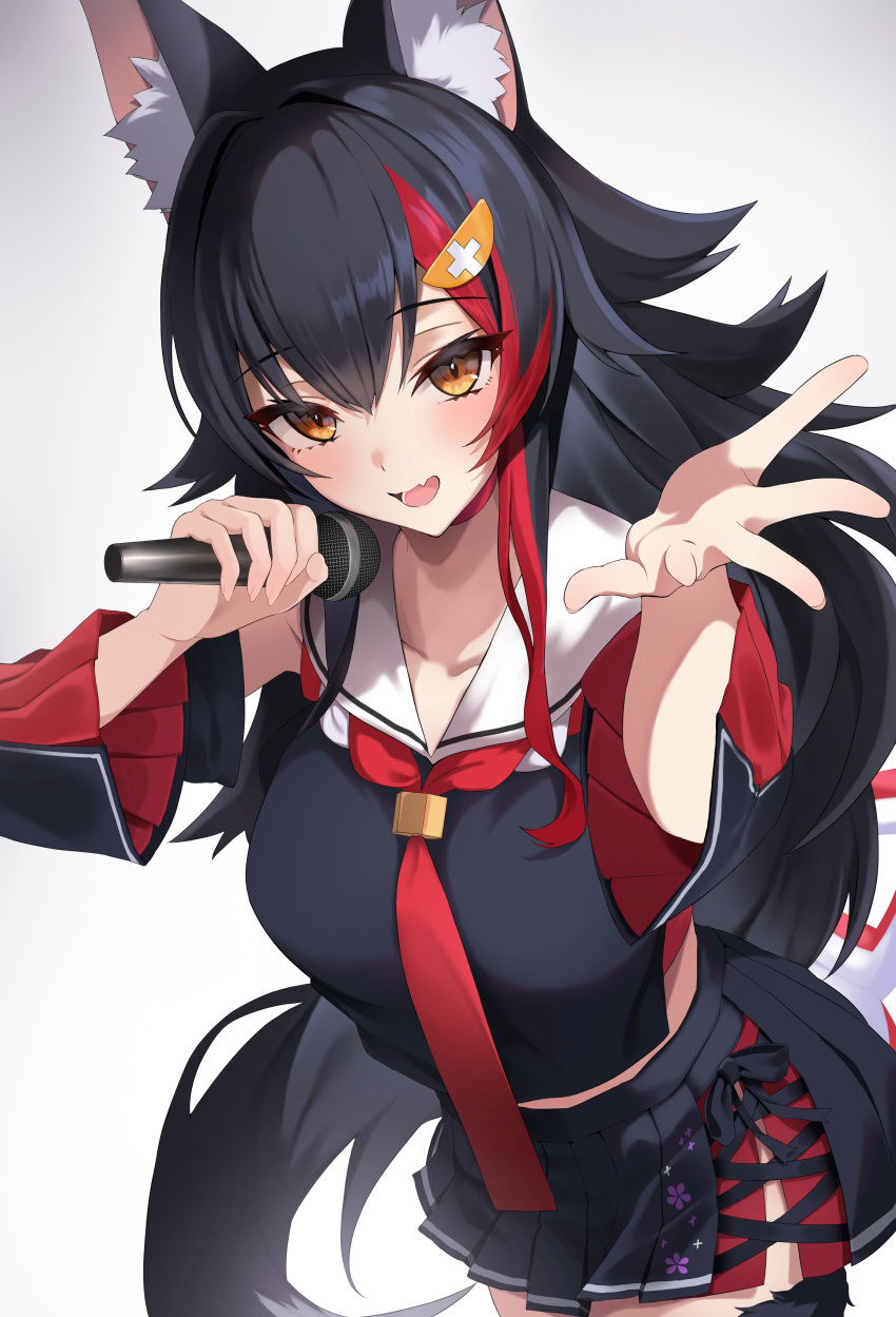 1girl absurdres animal_ears argule0901 black_hair breasts detached_sleeves hair_between_eyes hair_ornament highres holding holding_microphone hololive long_hair looking_at_viewer medium_breasts microphone multicolored_hair music necktie ookami_mio ookami_mio_(1st_costume) open_mouth red_eyes singing skirt solo streaked_hair tail tail_wrap virtual_youtuber white_background wolf_ears wolf_girl wolf_tail