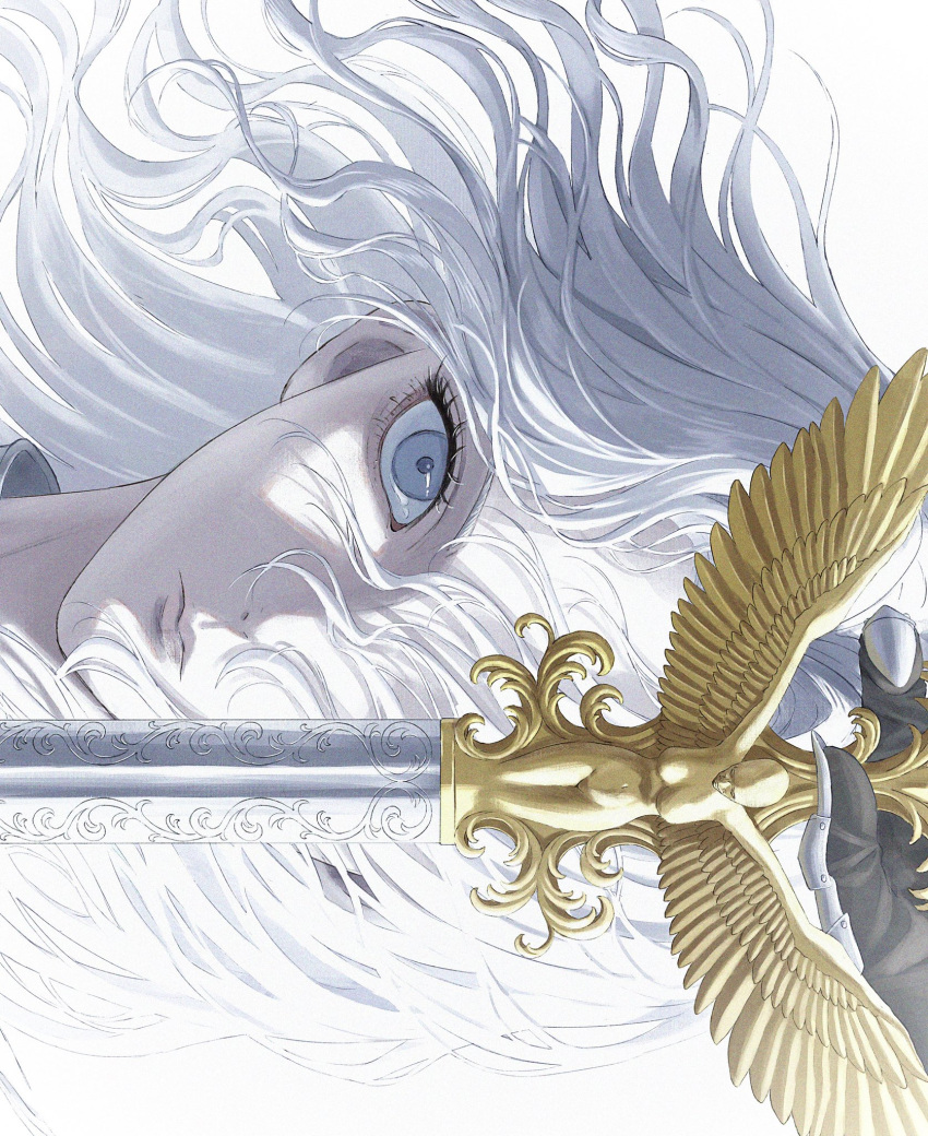 1boy berserk closed_mouth grey_eyes griffith_(berserk) hair_over_one_eye hand_up highres holding holding_sword holding_weapon long_hair looking_at_viewer male_focus portrait sala46005948 sideways solo sword weapon white_background white_hair