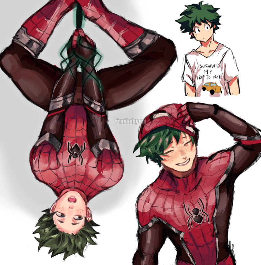 1boy animal_print arm_up artist_name black_eyes blush bodysuit boku_no_hero_academia brown_bodysuit closed_eyes closed_mouth clothes_writing cosplay covered_collarbone crossover freckles green_eyes green_hair hand_up highres looking_at_viewer looking_to_the_side male_focus marvel mask midoriya_izuku mikahyuni open_mouth red_bodysuit red_mask shirt short_hair short_sleeves simple_background smile solo spider-man spider-man_(cosplay) spider-man_(series) spider_print spider_web_print spiky_hair t-shirt teeth tongue two-tone_bodysuit upside-down white_background white_shirt