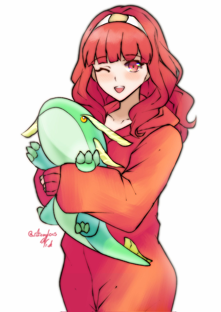 celica_(fire_emblem) commission commissioner_upload dragon fire_emblem fire_emblem:_the_blazing_blade fire_emblem_echoes:_shadows_of_valentia fire_emblem_heroes highres ninian_(fire_emblem) one_eye_closed open_mouth pajamas princess red_eyes red_pajamas redhead rotomdocs smile stuffed_toy tiara