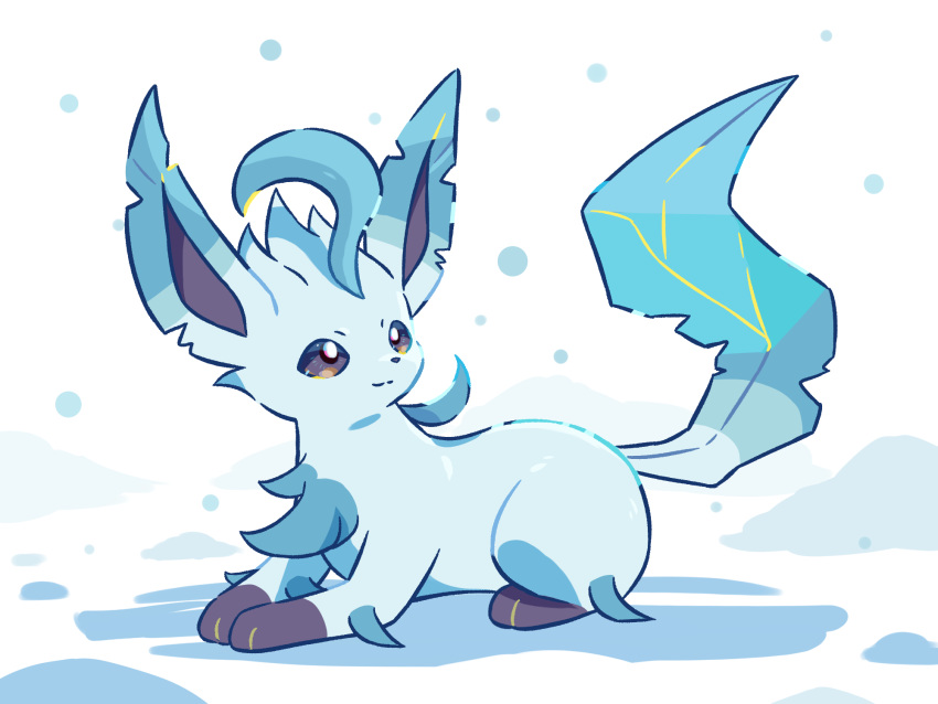 alternate_color animal_focus blue_fur brown_eyes closed_mouth commentary_request highres leaf leafeon neko_gyoza no_humans pokemon pokemon_(creature) sitting snout snowing tail white_background