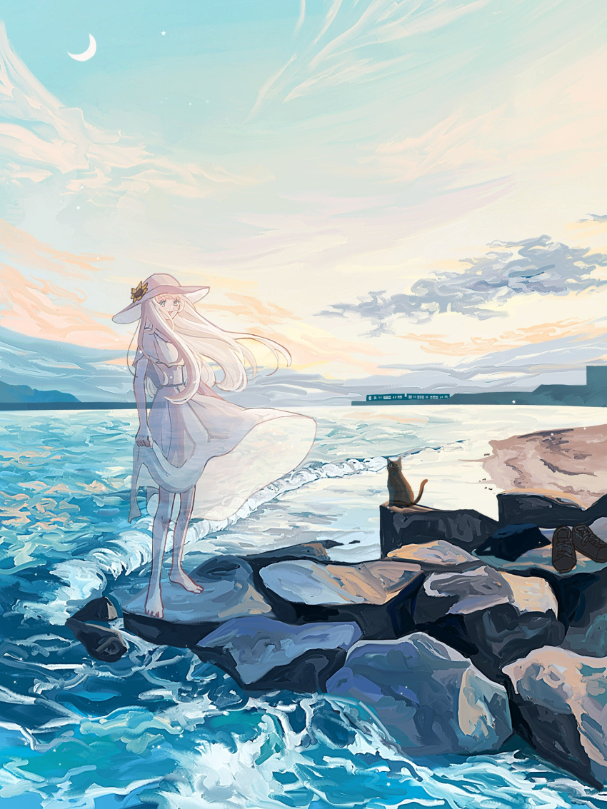 1girl :d barefoot beach black_cat blue_eyes blue_sky cat clouds commentary crescent_moon dress evening floating_hair flower from_side hat hat_flower highres horizon ivelovedsekaowa long_hair looking_at_viewer moon ocean on_rock open_mouth original outdoors rock scenery skirt_hold sky smile solo standing standing_on_rock sun_hat sundress transparent water waves white_dress white_hair white_headwear wide_shot wind
