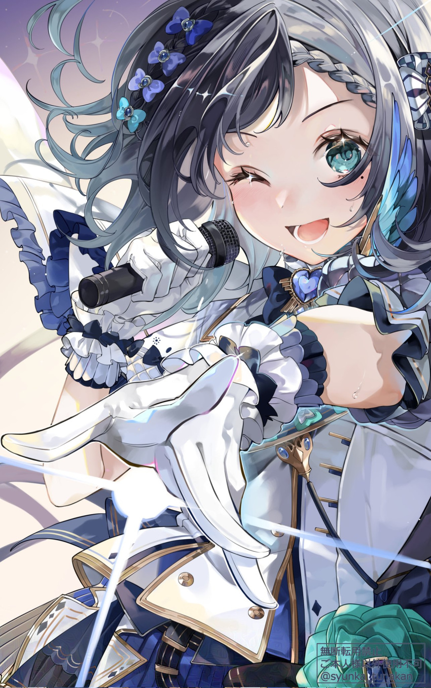 1girl ;d aiba_uiha aiba_uiha_(1st_costume) black_hair blue_eyes buttons double-breasted feathers gloves highres holding holding_microphone idol idol_clothes long_hair microphone mole mole_under_eye nijisanji one_eye_closed puffy_short_sleeves puffy_sleeves short_sleeves shunka_tunacan smile solo virtual_youtuber white_gloves