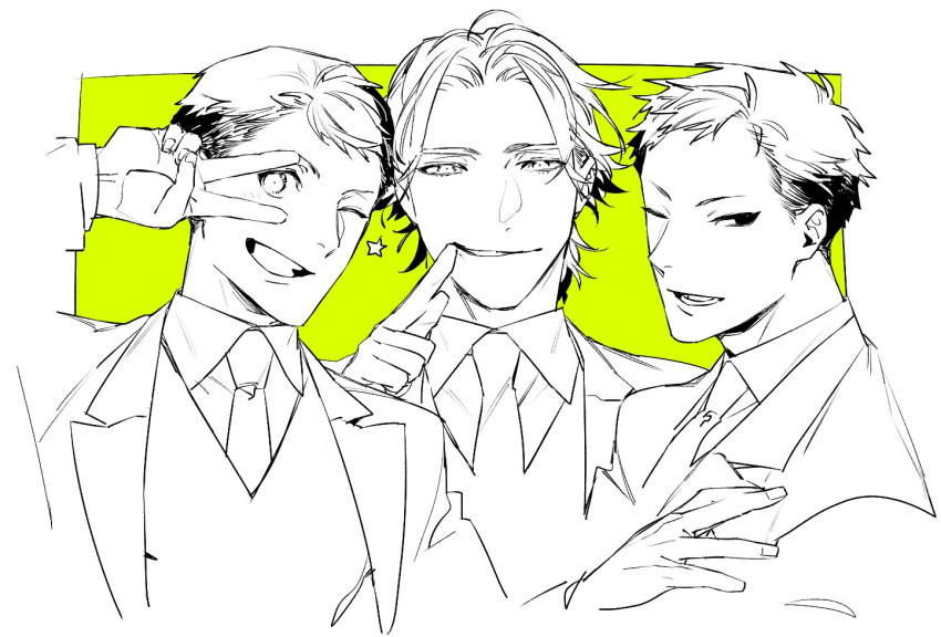 3boys ;d amari_(joker_game) arm_up collared_shirt fingernails fingersmile greyscale_with_colored_background grin half-closed_eyes hand_to_own_mouth joker_game kaminaga_(joker_game) long_sleeves looking_at_viewer male_focus multiple_boys necktie one_eye_closed parted_lips shi646 shirt short_hair simple_background smile star_(symbol) tazaki_(joker_game) unfinished upper_body v v_over_eye vest yellow_background